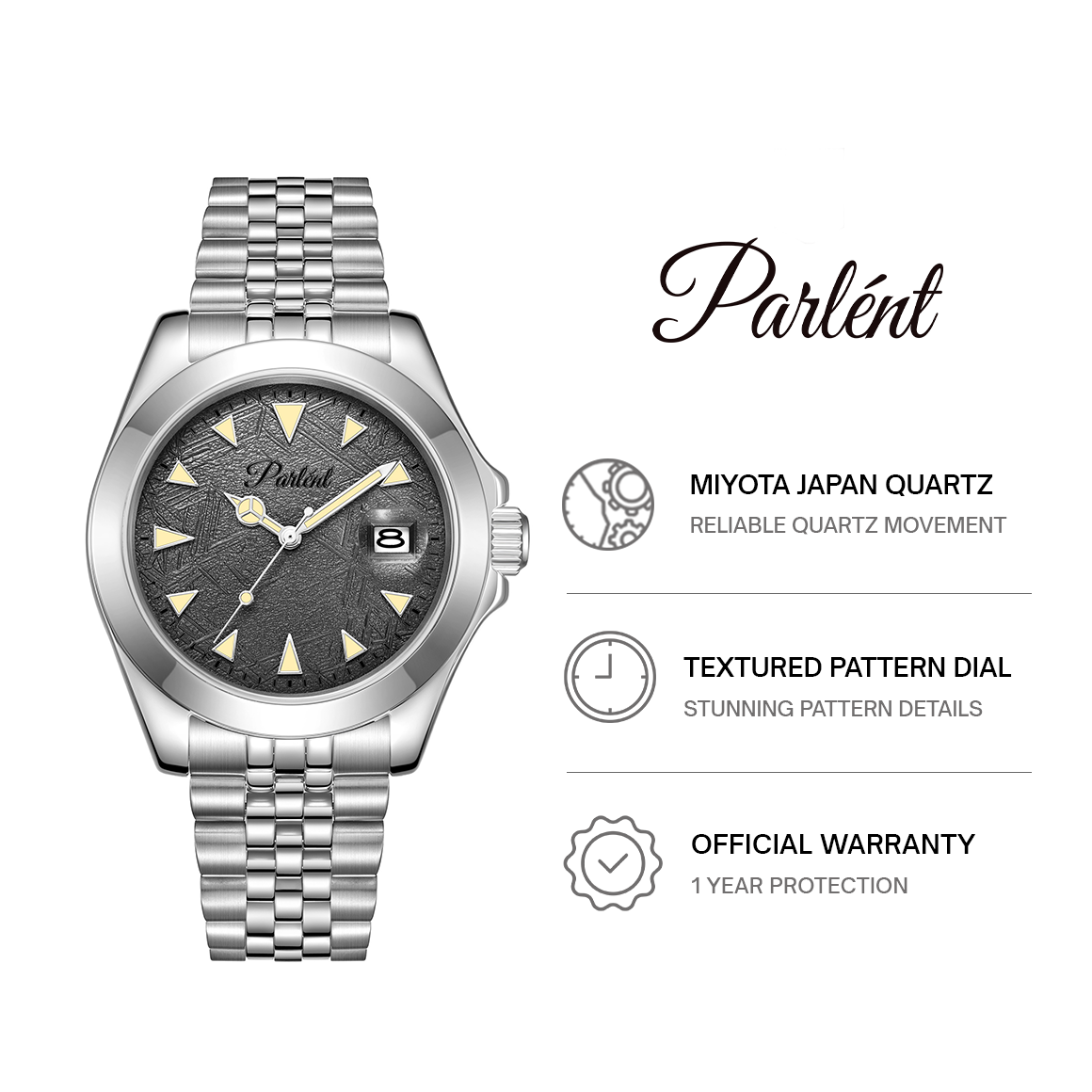 Parlent Crown Ivy - Men's Watches 40mm, Miyota Japan Quartz Movement, Waterproof 5ATM (50M), Stainless Steel