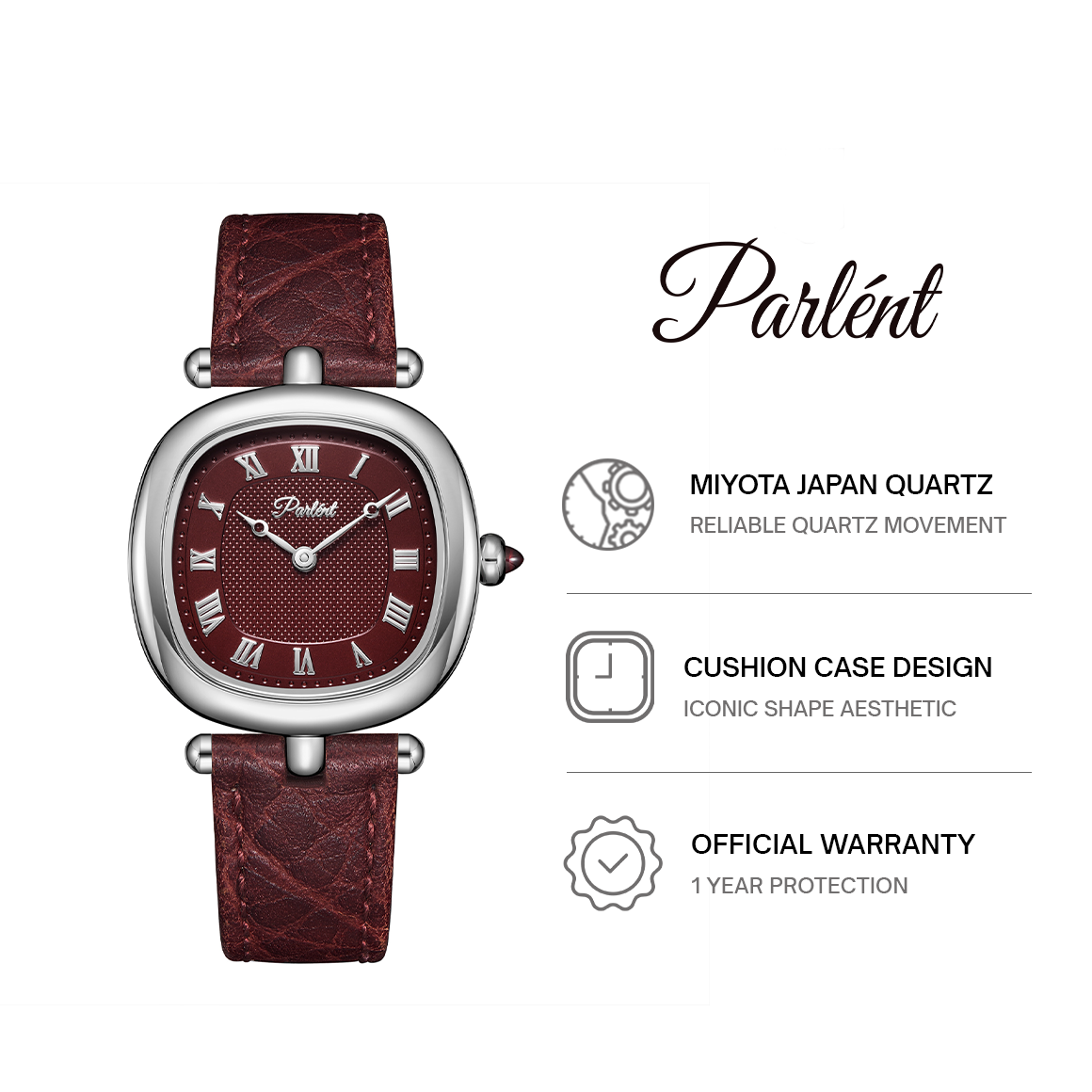Parlent Solvane - Woman's Watches 30mm x 37mm, Miyota Japan Quartz Movement, Waterproof 5ATM (50M), Stainless Steel
