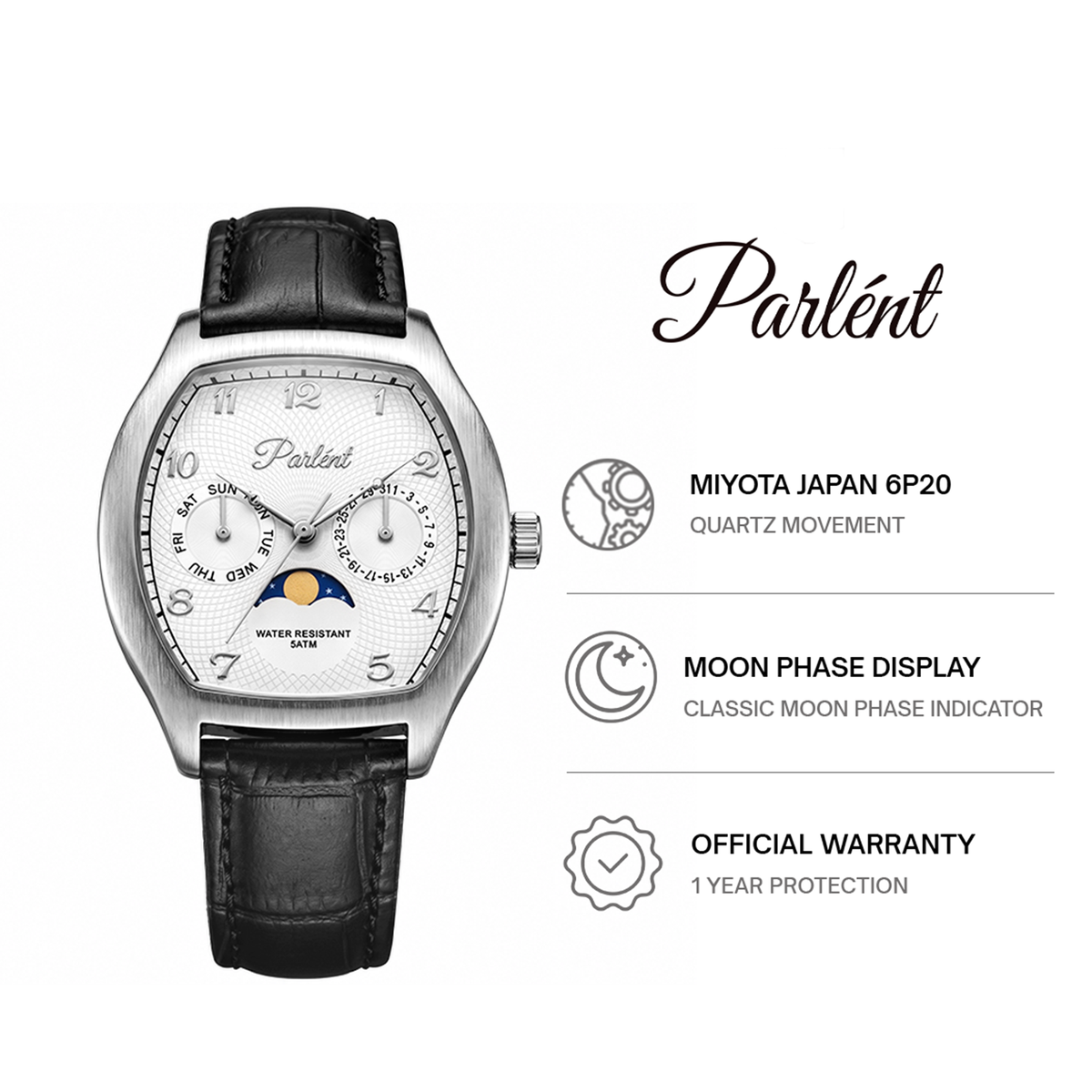 Parlent Valor - Men's Watches 36mm × 42.5mm, Miyota Japan 6P20 Quartz Movement, Waterproof 5ATM (50M), Stainless Steel