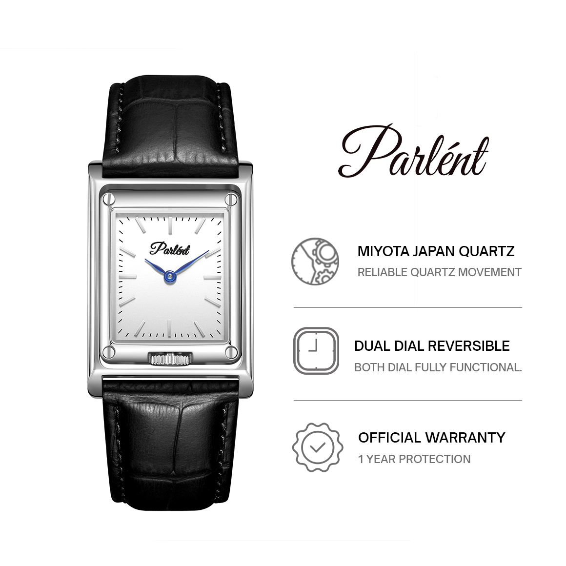 Parlent Inverso - Men's Watches 27mm x 39mm, Miyota Japan Quartz Movement, Waterproof 5ATM (50M), Stainless Steel