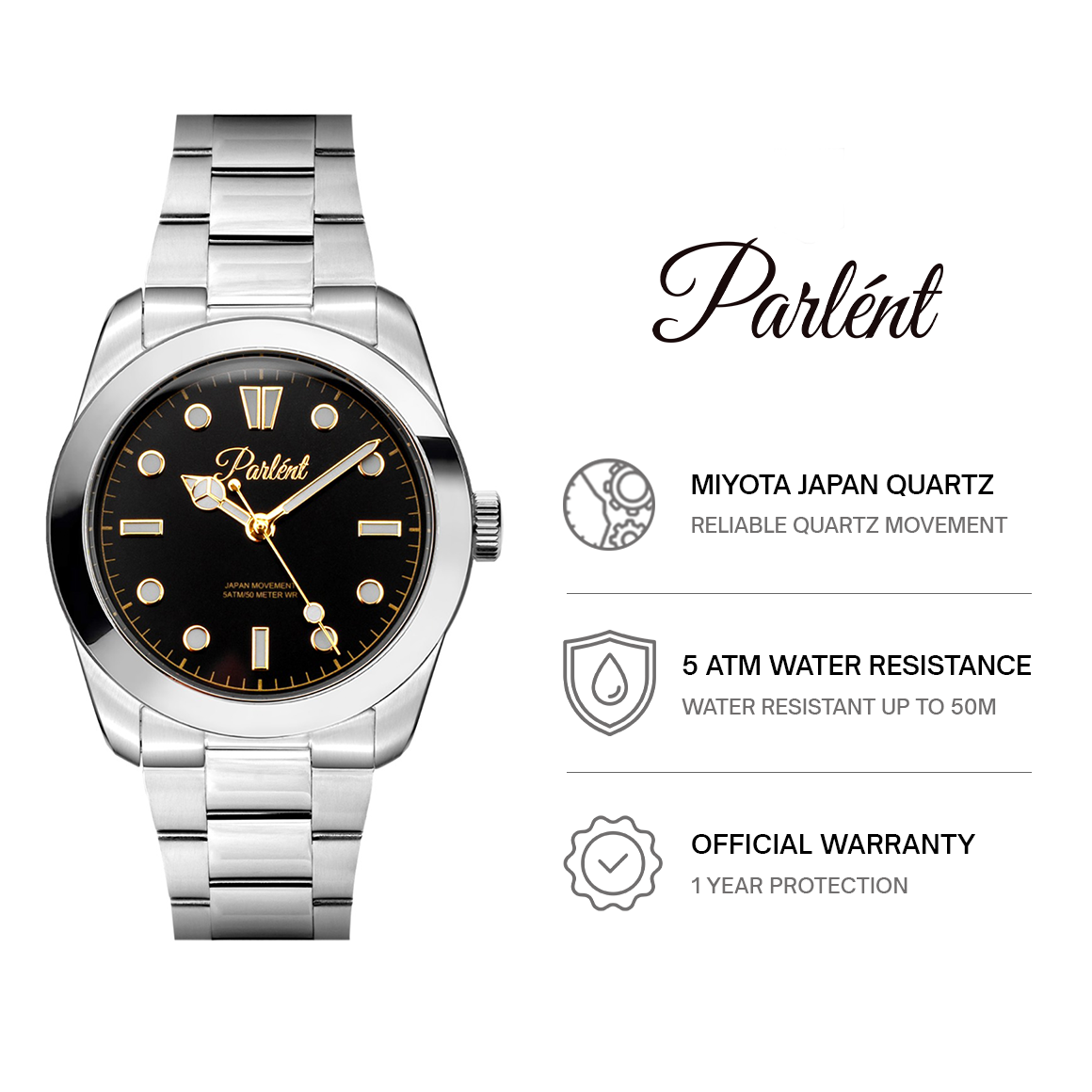 Parlent Averon - Men's Watch 38mm, Miyota Japan Quartz Movement, Waterproof 5ATM (50M), Stainless Steel