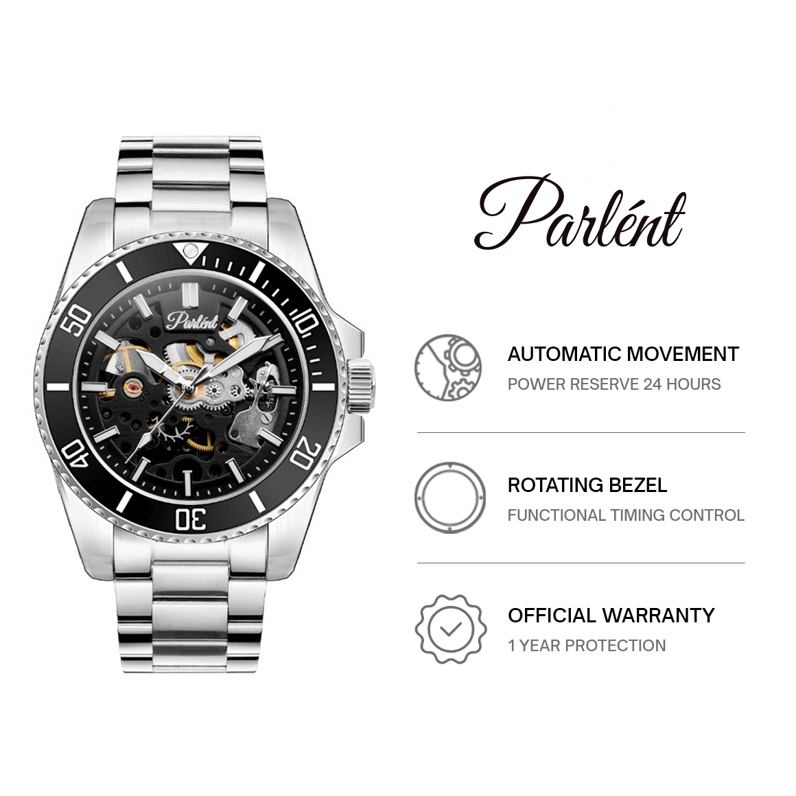 Parlent Crown Automatic - Men's Watch 40mm, Automatic Movement, Waterproof 5ATM (50M), Stainless Steel