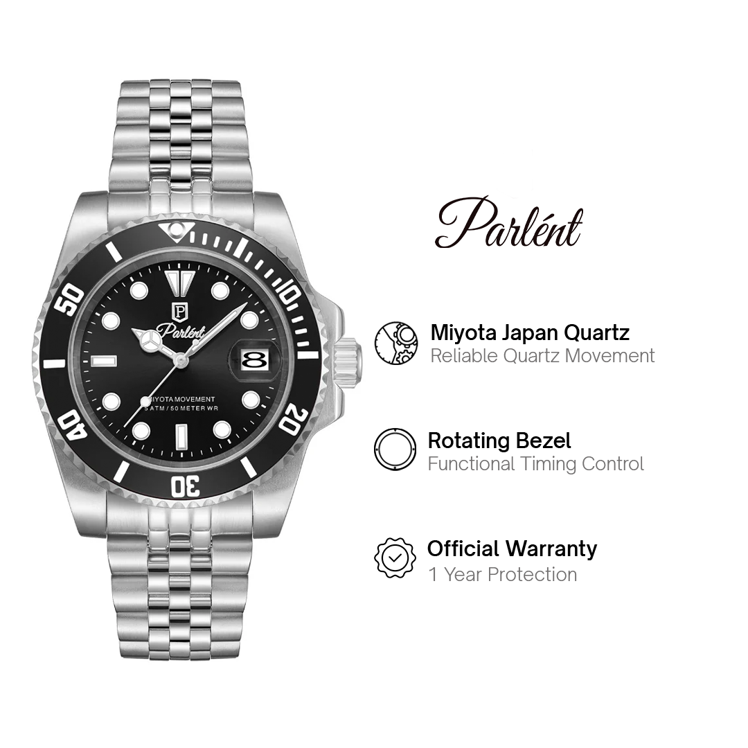 Parlent Crown Basic - Men's Watch 42mm, Miyota Japan Quartz Movement, Waterproof 5ATM (50M), Stainless Steel