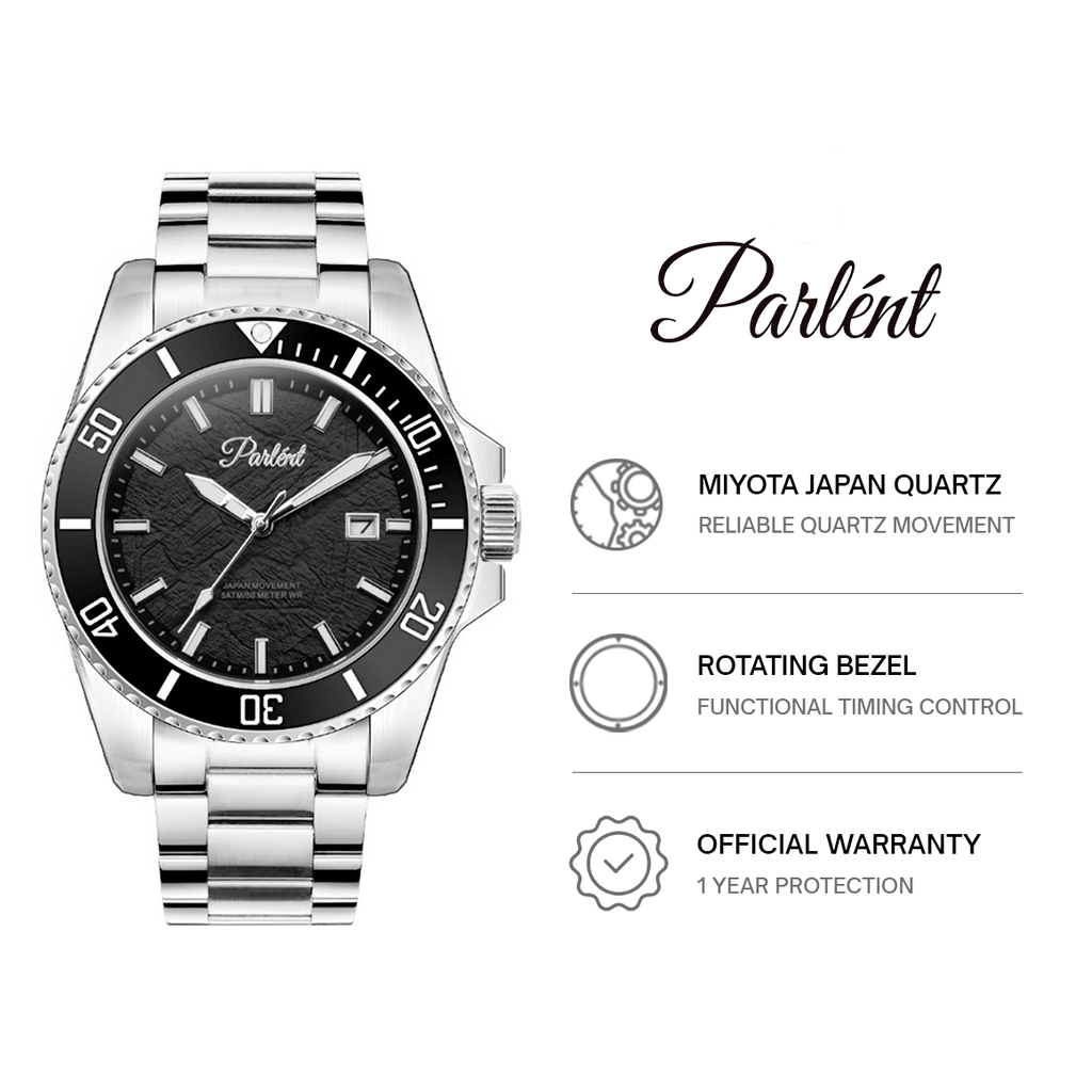 Parlent Crown Graphite - Men's Watch 40mm, Seiko Quartz Movement, Waterproof 5ATM (50M), Stainless Steel