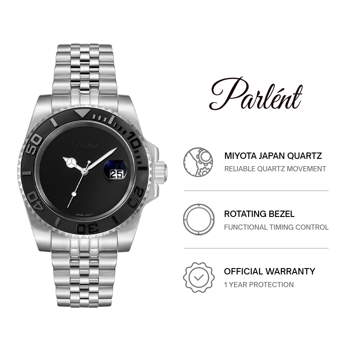 Parlent Crown Shadow - Men's Watch 40mm, Seiko Quartz Movement, Waterproof 5ATM (50M), Stainless Steel
