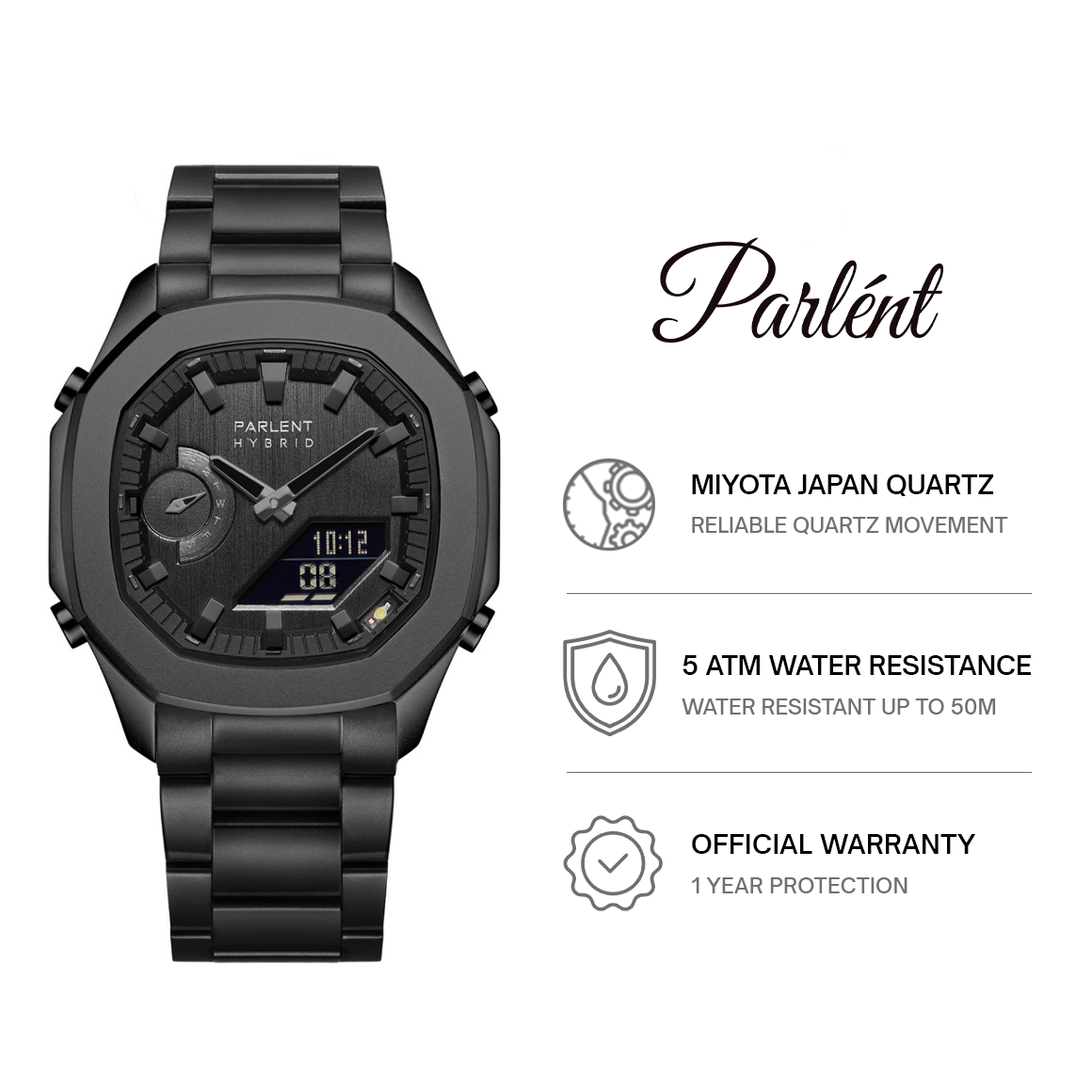 Parlent Gallant Hybrid Steel - Men's Watch 42mm, Japan Quartz Movement, Waterproof 5ATM (50M), Stainless Steel