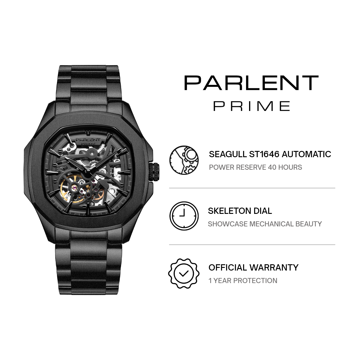 Parlent Gallant Phantom Steel - Men's Watch 42mm, Automatic Movement, Waterproof 5ATM (50M), Stainless Steel