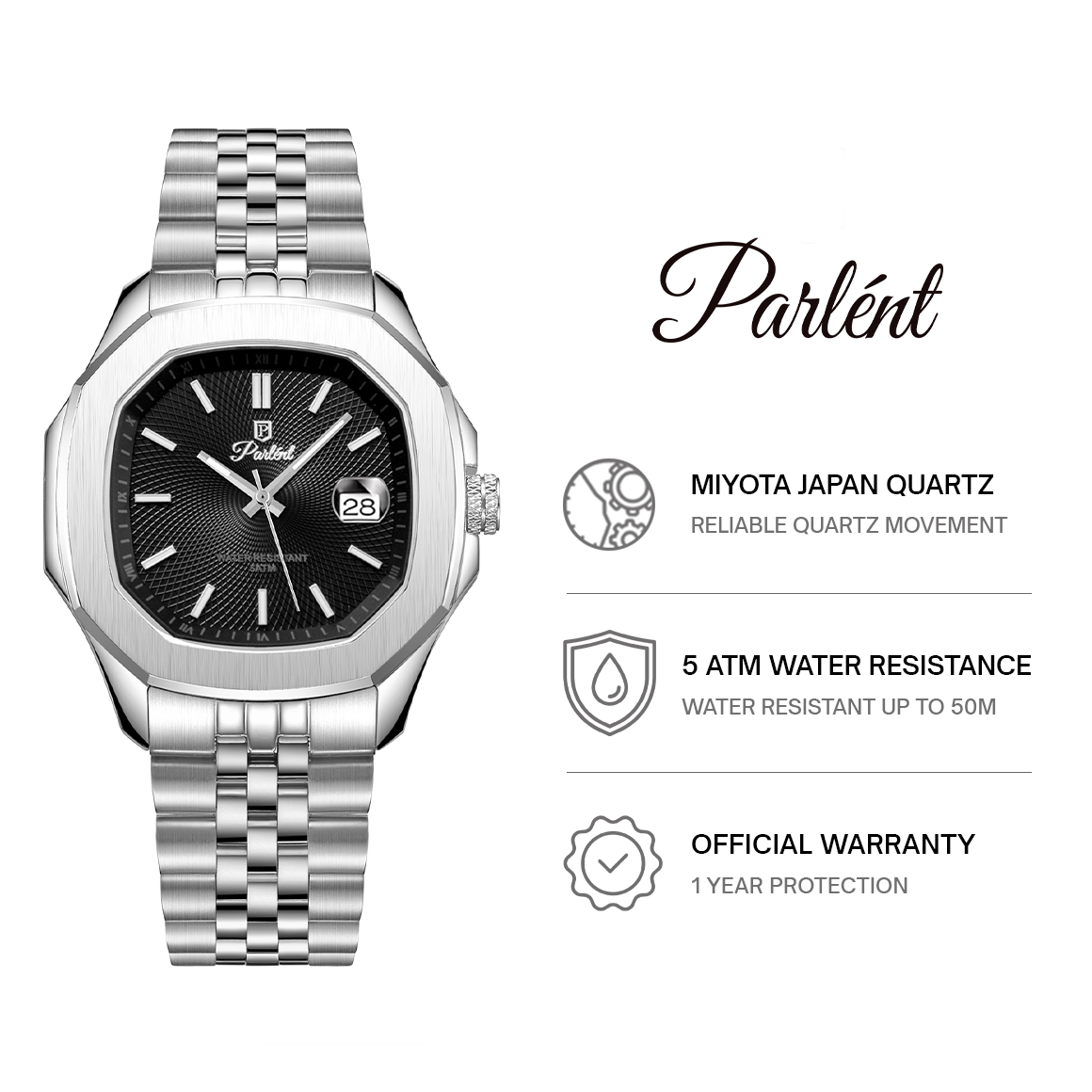 Parlent Gallant Terra - Men's Watch 42mm, Japan Quartz Movement, Waterproof 5ATM (50M), Stainless Steel