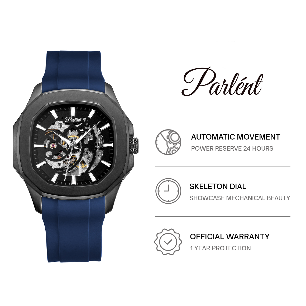 Parlent Gallant Edge Rubber - Men's Watch 42mm, Automatic Movement, Waterproof 5ATM (50M), Stainless Steel