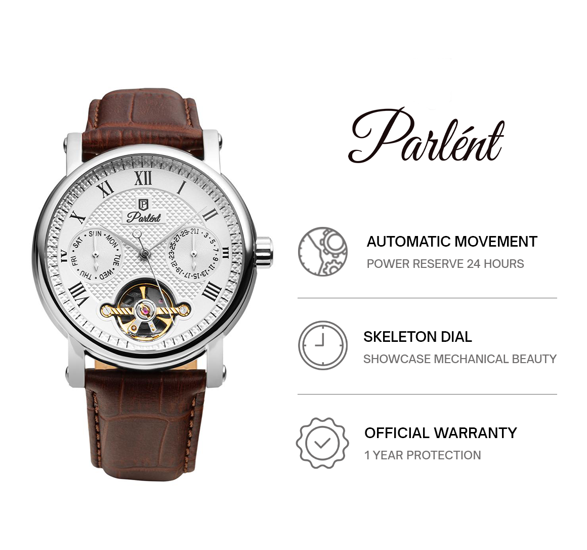 Parlent Magnus Calibre - Men's Watch 41mm, Dual Core Movement, Waterproof 5ATM (50M), Stainless Steel