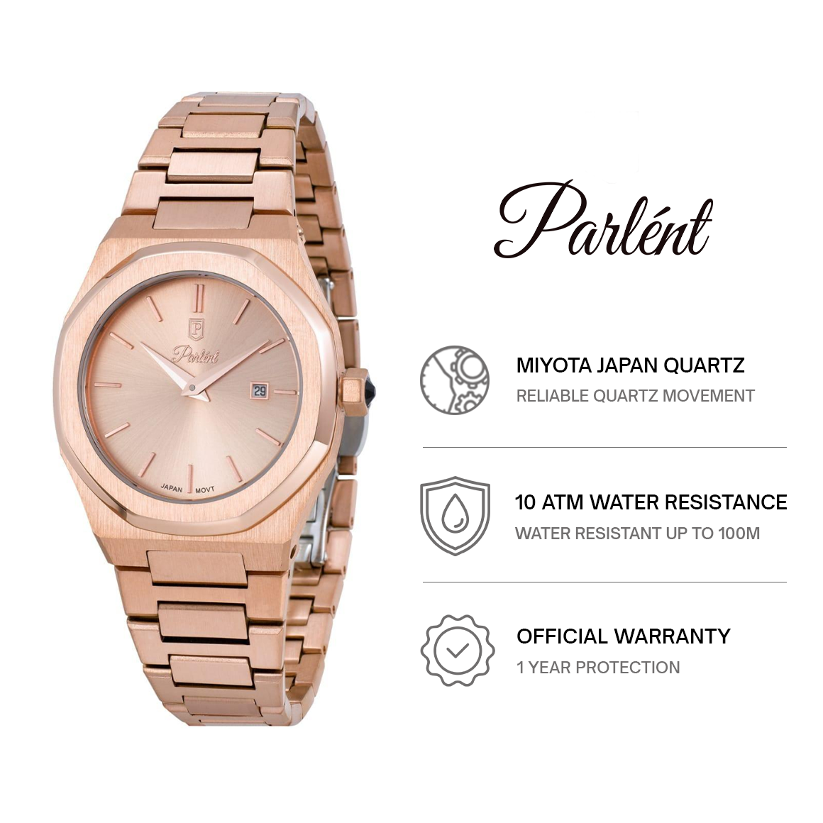 Parlent Palladium Femme Steel - Woman's Watches 34mm, Miyota Japan Quartz Movement, Waterproof 10ATM (100M), Stainless Steel