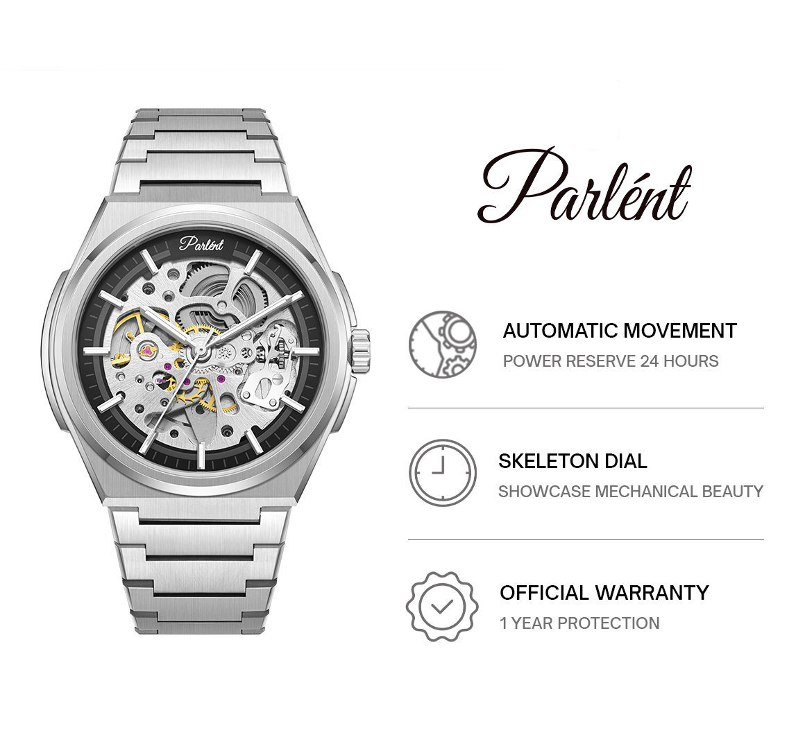 Parlent Stellar Automatic - Men's Watch 42mm, Automatic Movement, Waterproof 5ATM (50M), Stainless Steel