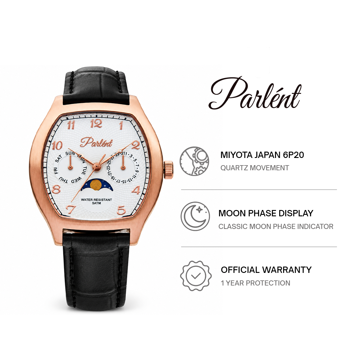 Parlent Valor - Men's Watches 36mm × 42.5mm, Miyota Japan 6P20 Quartz Movement, Waterproof 5ATM (50M), Stainless Steel